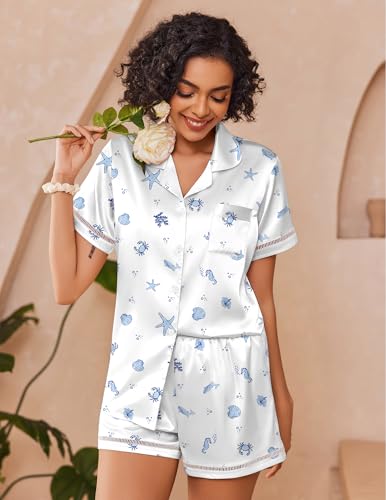 Image of Ekouaer Womens Silk Pajama Sets Button Up Satin Pjs Short Sleeve 2 Piece Pj Sets Cute Lounge Sets with Chest Pocket
