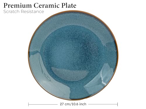 Image of Handcrafted Reactive Glaze Ceramic Dinner Plates, 4 Pieces Serving for 4, Microwave and Dishwasher Safe, Bone-ash Free, Full Plate Set Crockery for Dining and Gifting, Greenish Blue
