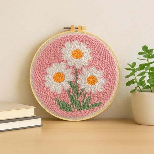 Image of Punch Needle Kit for Beginners Adults-Flower Daisy,with Video Tutorial | Punch Needle Kits Adults Beginner,HD Pre-Printed Fabrics,with Embroidery Hoop,Stress Relief Craft,DIY Great Gift,7.8x7.8In