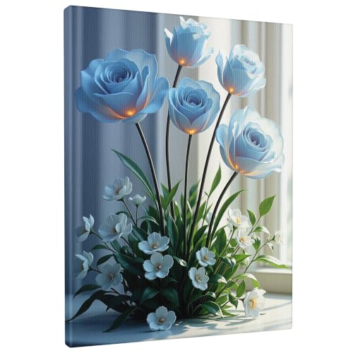 Lienzo decorativo para pared floral con rosas azul claro y flores blancas de 16x20 pulgadas.