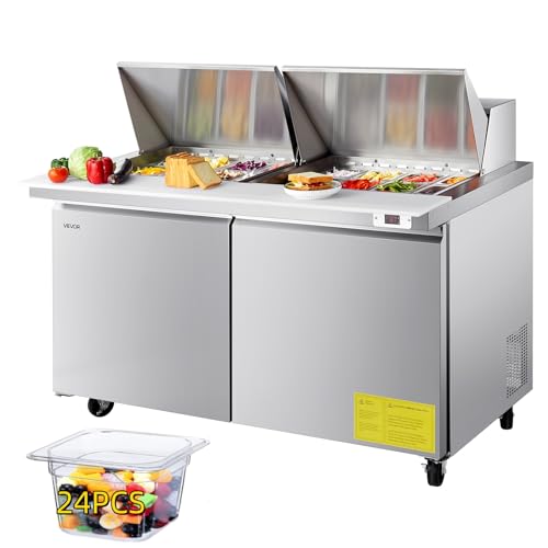 Image of VEVOR 60 inchW Commercial Refrigerator, 15.4 Cu. Ft Sandwich Prep Refrigerated Table, Mega Top Food Prep Fridge with 24 Pans and Cutting Board, Stainless Steel Salad Prep Cooler for Restaurant, Food Truck