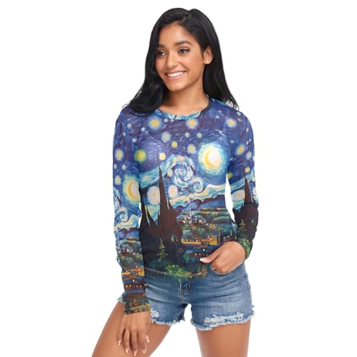 Van Gogh Starry Sky Women Mesh Sheer T Shirt, Mesh Tops See