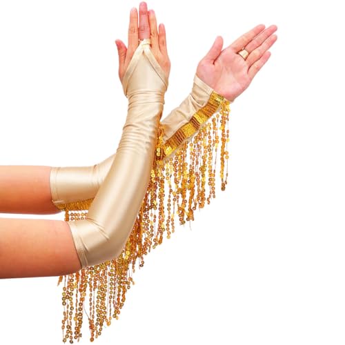 Ushiny Guantes con flecos de lentejuelas guantes brillantes sin dedos guantes con borlas traje de fiesta para mujeres y niñas(Dorado)