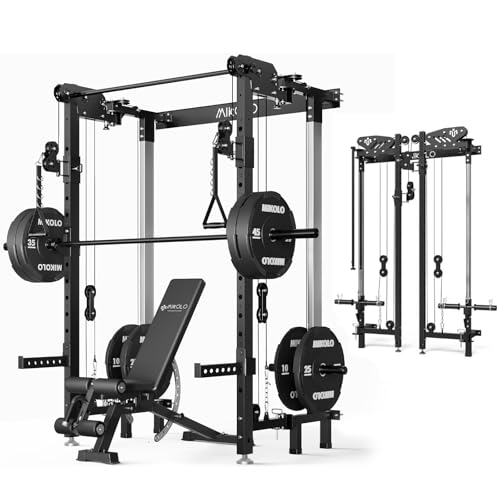 Image of Mikolo Folding Squat Rack, Wall Mounted Power Rack with Cable Crossover Machine & LAT Pull Down, Functional Trainer with 5 Adjustable Function Modes, Basic Home Gym Package with Weights(Black)