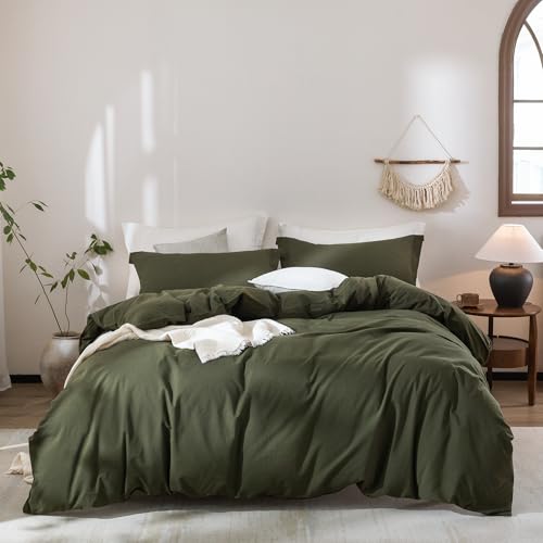 Warm Moment Olive Green Duvet Cover Queen Size, 100% Washed Cotton Bedding Set Cover 1 Duvet Cover...