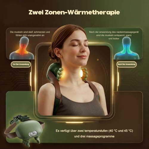 Massagegerät, 4D Nackenmassagegerät mit Wärme, Tragbares Nacken, 3 Modi und 2 Heizstufen, USB Elektrische, Entspannt die Muskeln und lindert Müdigkeit, für Zuhause & Büro, Grün