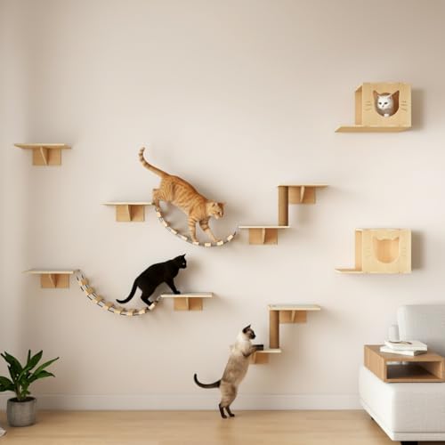Estantes de pared para gatos 8 en 1 de madera miniatura 1