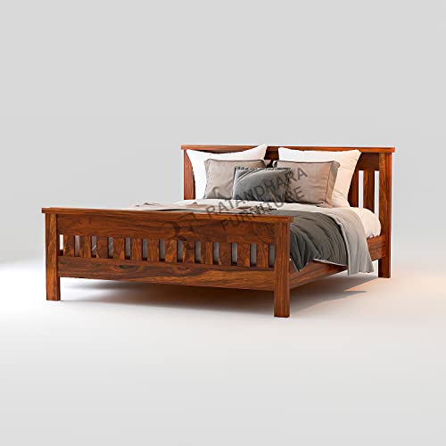 Image of King Size Leopard Sheesham Wood Platform Bed Without Storage (King Size (6.5 ft x 6 ft), Honey Finish)