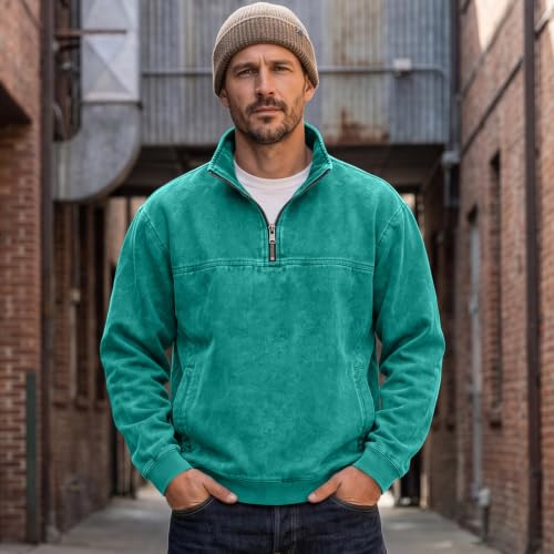 Men's Denim Shirt Washed Vintage 1/4 Zip Pullover Top Denim Blouse - image 2