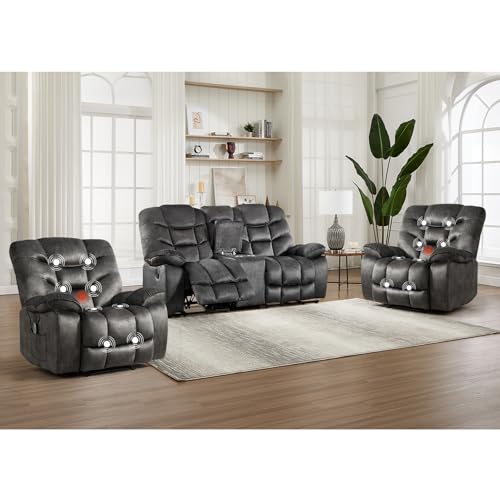 Image of HAOMARKETS 3 Pieces Recliner Sofa Furniture Set, Include 2 Power Recliner Chairs with Message&Heat and a Manual Loveseat with Hidden Storage and Cup Holders for Living Room, Grey