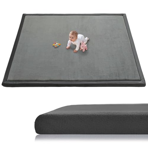 Image of Baby Play Mat for Floor, 1.3 Inch Thick Memory Foam Tummy Time Mat with Non Slip Backing, Soft Coral Velvet 59X79 Inch Playpen Mat Crawling Tatami for Infants Toddlers Kids, Dark Gray