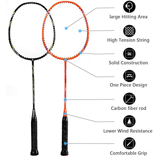 KEVENZ Badminton Racket Set, 2 Carbon Fiber Badminton Racquet, 3 Goose Feather Badminton Birdie, 2 Racket Grip and 1 Carring Bag (Black & Orange) - Thumbnail 2