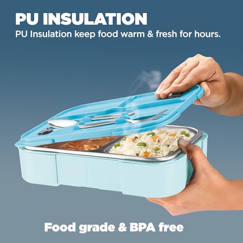 Image of Milton Ethan 2 Inner Stainless Steel Tiffin Box for School, 2 Partition, Steam Release Plug | PU Insulated, Leak-Proof, Food Grade I Lunch Box for Kids Boys, Girls with Snap Lock Lid, 650 ml, Sky Blue