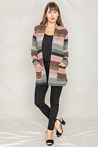 Image of Eloges Women's Multi Stripe Soft Knit Open Cardigan with Suede Elbow Patch