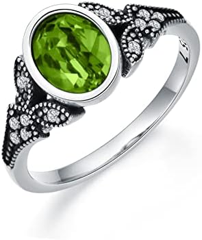 Peridot Ring for Women 925 Sterling Silver Retro Vintage Oxidized Band Statement Ring with 8*6 Oval Simualted August Birthstone Crystal US Size 6, Anniversary Wedding Engagement Jewelry Gifts for Women Wife