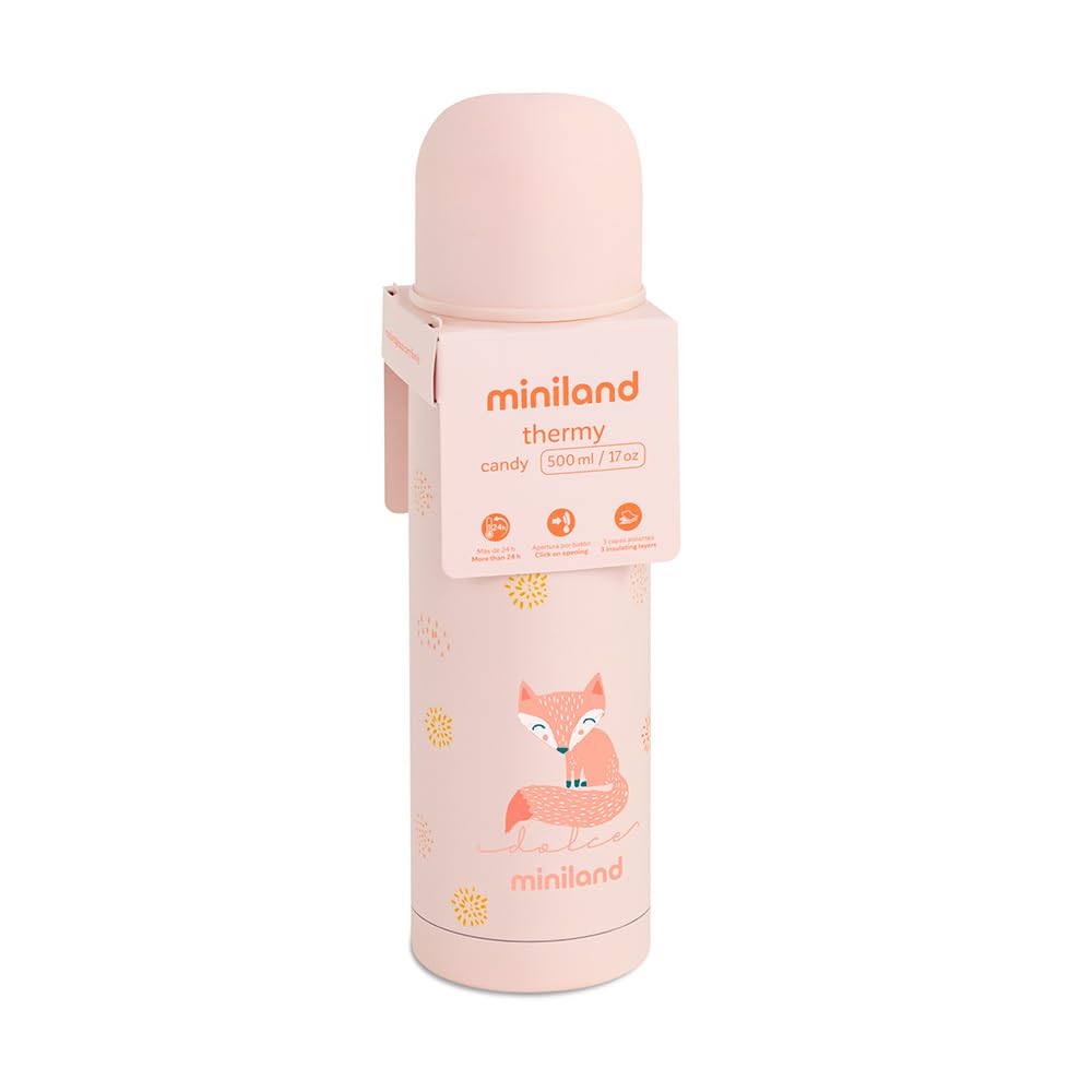 Miniland Borraccia Termica Bambini per Liquidi da 500ml in Acciaio Inossidabile, Mantiene la Temperatura per Oltre 12 ore sia a Freddo e Caldo, Chiusura Ermetica e Sistema Antigoccia | Candy