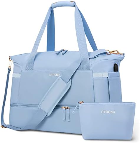 Gym Bag for Women, Sports Travel Duffel Bag with USB Charging Port, Weekender Overnight Bag with Wet Pocket and Shoes Compartment for Women Travel, Gym, Yoga (Blue)