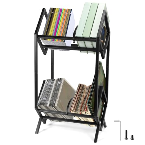 QWORK Record Holder, Matte Black Metal Vinyl Storage Rack, Holds 160-200 LPs, with Support Bar for Enhanced Stability