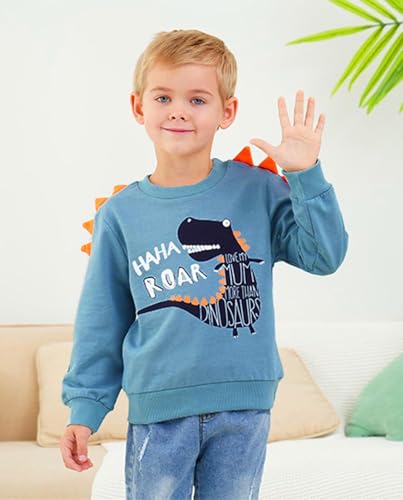 Image of Popshion Toddler Boys Sweatshirts Dinosaur Long Sleeve Pullover Crewneck Shirts Cartoon Tee Sport Tops for Kids 1-8T