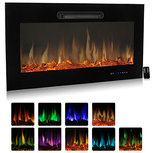 Circrane 36" Recessed Mounted Electric Fireplace, 750-1500W Insert Electric Heater with Adjustable Flame Color, Touch Control Panel & Remote Control, Log/Crystal Options