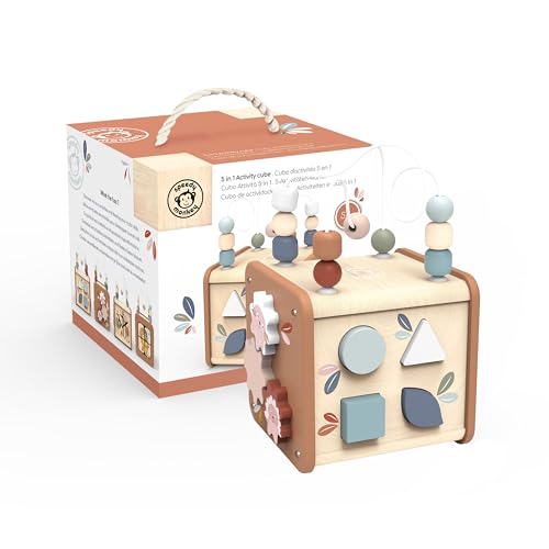 Image of Speedy Monkey 5-in-1 Activity Cube, Educational Wooden Toy with Bead Maze, Shape Sorter, Gears, Puzzle & More, Develops Social, Communication & Numeracy Skills, Non-Toxic Paint, Ideal for Kids | bead maze, shape sorter, gears, puzzle, 5-in-1 cube, montessori toys, multi-activity fine motor play, cognitive, creative