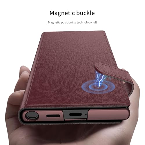 Image of Midkart Leather Flip Cover Compatible with Samsung Galaxy S25 Ultra with Card Holder Built-in Kickstand Magnetic Belt Lock Inner Hard PC with Full Body and Camera Protection, Burgundy