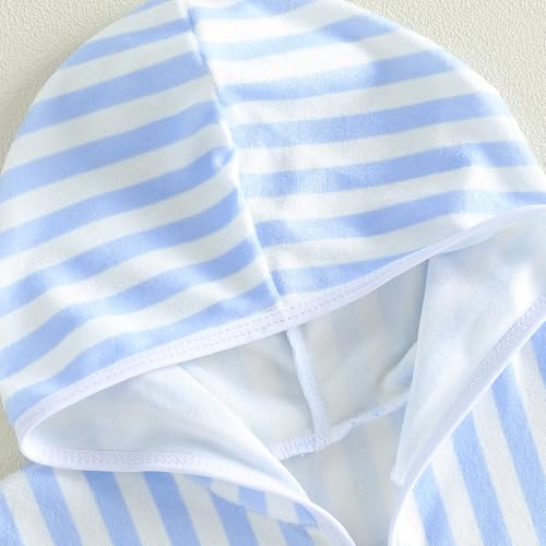 Image of Girls Boys Hooded Terry Coverups One Piece Swimsuits Summer Striped Trim Zip Up Short Sleeve Swim Cover Up Beachwear