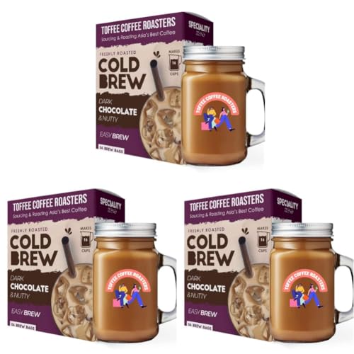 Image of Toffee Coffee Roasters | Cold Brew Dark Chocolate and Nutty Roasted Coffee Bags | Free Mason Jar, Easy Brew | Pack of 9 | 100% Arabica Ground | Makes 12 Cups