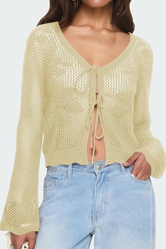 Image of Balimtoy Women Tie Front Cardigan Crochet Sweater Crop Tops Cute Bell Long Sleeve Knit Shrug Beach Vacation Cover Up