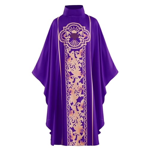Disfraces de sacerdote para hombre, traje de medición, iglesia, pastor, vestimenta de celebrantes, túnica romana, disfraz para adultos, católico, bata de padre, masa, chasuble, bordados, morado, Talla