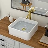 Logmey 15x15 Small Square White Vessel Sink,Smooth Glaze & Durable Porcelain Above Counter Bathroom Sink,Modern Sleek Countertop Vanity Sink for Bathroom Renovation,Hotel