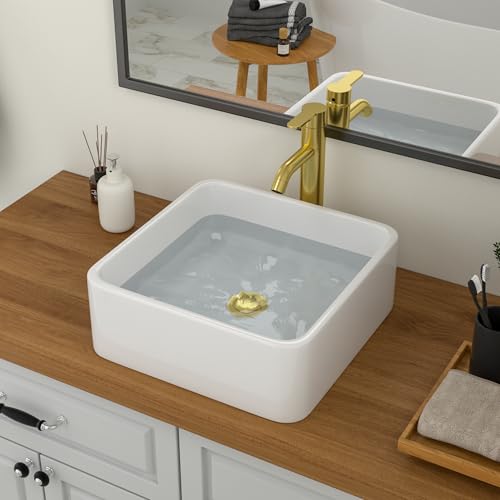 Logmey 15 Inch Bathroom Vessel Sink 15x15 Square Small White Vessel Sink for Bathroom Sink Above Counter Porcelain Ceramic Vanity Art Countertop Sink