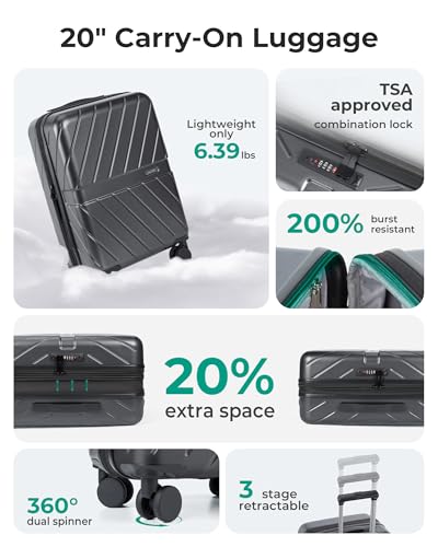 Image of BAGSMART Carry on Luggage 22x14x9 Airline Approved with TSA Lock, 100% Polycarbonate Hardside Suitcase with Spinner Wheels, Gray