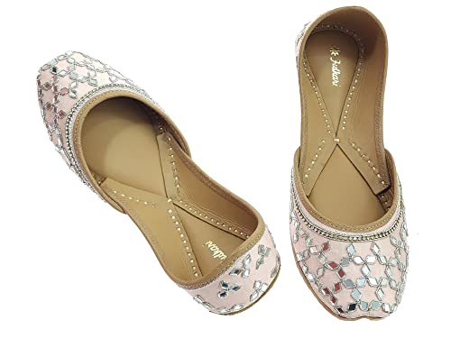 Image of Fulkari Women's Mirror Genuine Soft Leather Juttis | Bite and Pinch Free Jutis | Ladies Punjabi Jutti | Wedding Flat Stylish Mojari | Phulkari Ethnic Flats For Girls |