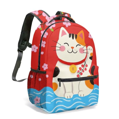 Style Maneki-neko Mochila casual para laptop Nine Fortune Lucky Cats com estampa completa vermelha para viagens diárias e viagens, 09, Large, Moderno