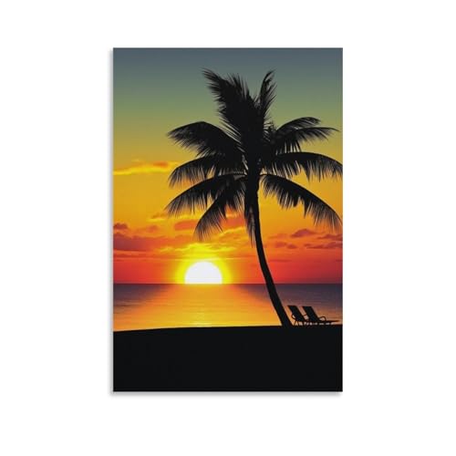 Toile murale coucher de soleil et palmier pour habiller un mur vide facilement