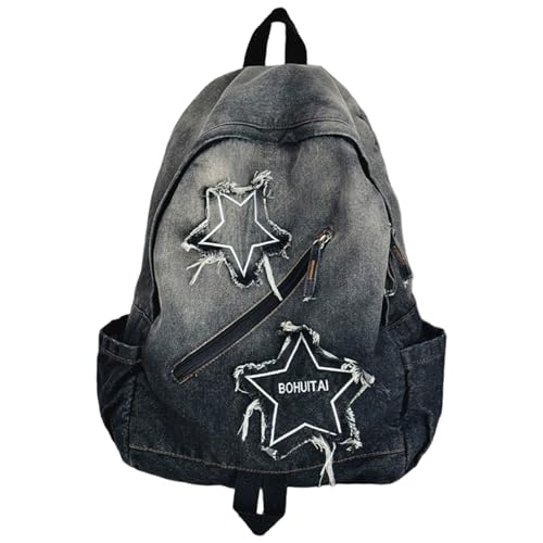 NIDONE Denim-Rucksack, Y2K-Rucksack Leichtes Reise-Denim mit mehrfacher Retro Jean Large Star Bag für Schüler und Erwachsene