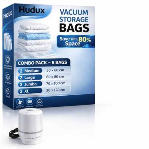 Image of Pack of 8 Combo (2 M,2 L,2 J,2 XL) Space Saver Bag for Clothes,Blankets,Pillows,Bedding,Vacuum Bags With Electric Pump-Airtight Ziplock Compression Reusable Packing Bags,Storage Bags