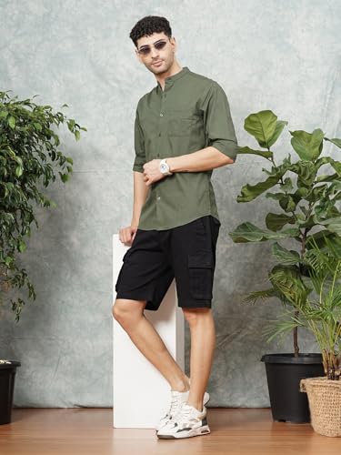 Image of THE INDIAN GARAGE CO Men Regular Fit Solid Full Sleeves Mandarin Collar Casual Shirt