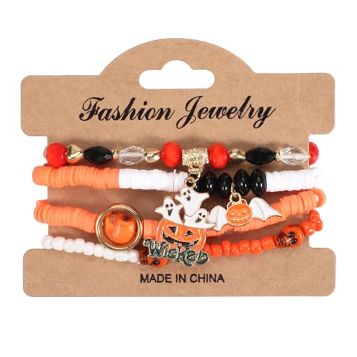 RLHRNDE 4pcs Halloween Bracelets Set for Women Handmade Stackable Stretch Clay Bead Bracelet Ghost Pumpkin Bat Spider Boo Bracelet Halloween Party Crystal Jewelry Gifts (Ghost Pumpkin)
