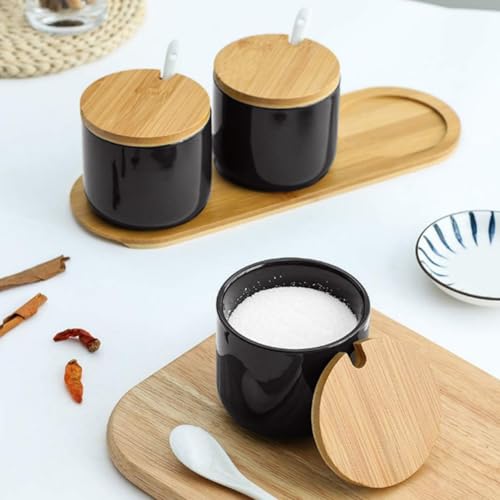 SHUESS 2er Set Gewürzdosen Keramik Schwarz - 250ml Salzdose mit Deckel und Löffel, edle Zuckerdose, Keramikdose mit Deckel auf Gewürzgläser Salztopf, Zutatenbehälter für Tee Zucker Salz Gewürze