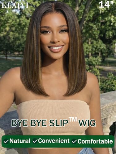 Image of KLAIYI Bye Bye Slip Yaki Straight Bob Wig Glueless Ombre Highlight Balayage Brown Precut 7x5 Lace Front Wigs Human Hair Drawstring Pre Plucked Bleached Knots Ready to Wear and Go Beginners Wig 10Inch