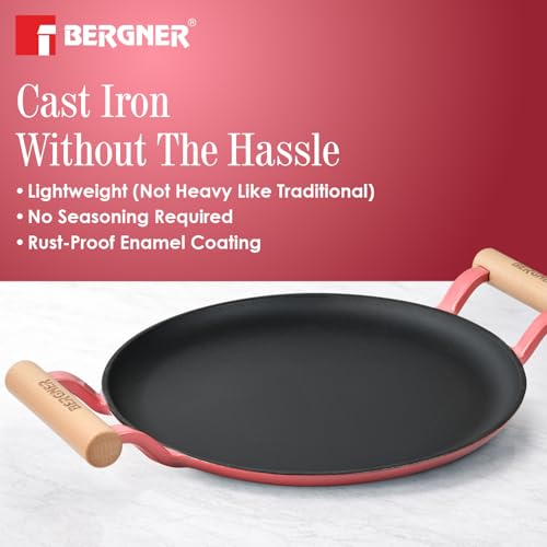 Image of BERGNER Excalibur Lightweight Cast Iron Dosa Tawa 30cm, Double Sided Sturdy Handle, Non-Stick Coating, PFAS Free, Perfect Heat Distribution, Elegant Design - Induction Compatible (Pink)