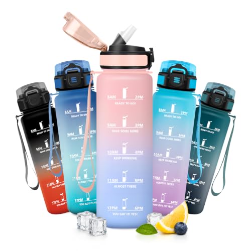 JAPORIA Botella Agua 1L, Botella de Agua con Pajita, sin BPA, Reutilizable, Cantimplora con Marcador de Tiempo, Motivacional, para Viajes, Exterior, Gimnasio, Yoga