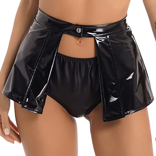 renvena Falda sexy de piel para mujer, con aspecto de piel, aspecto mojado, látex, disfraz de club de baile, Negro , S