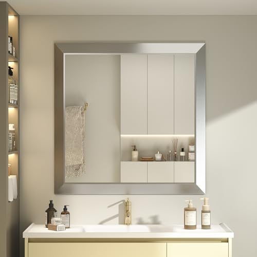 SMIROR 30x30 Brushed Silver Bathroom Vanity Mirror for Over Sink
