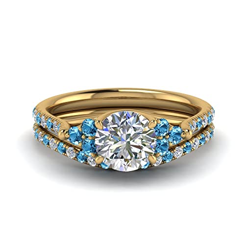 Image of Choose Your Gemstone Round Cut Petite Cathedral Wedding Ring Set Yellow Gold Plated Round Shape Wedding Ring Sets Matching Jewelry Wedding Jewelry Easy to Wear Gifts US Size 4 to 12
