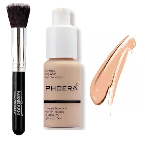 PHOERA Full Coverage Liquid Foundation 30ml for Oily Skin + MISKEEN Kabuki Brush – Soft Matte, Oil Control, Long-Lasting, Waterproof Concealer for Flawless Face & Tattoo Coverage (WARM PEACH)