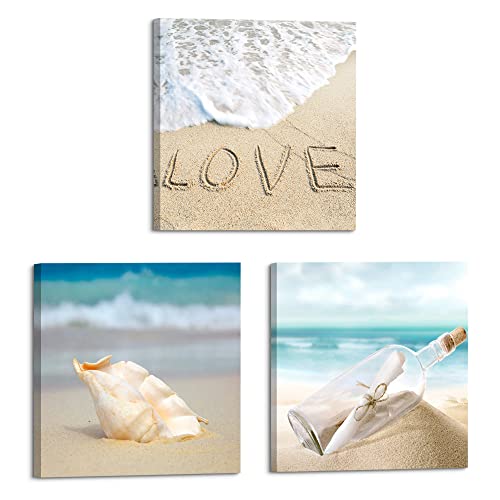 Beach Canvas Ocean Wall Art: Bathroom Tropical Seascape Artwork Coastal Theme Seashell Picture Sea Wave Print Calming Natural Seaside Landscape Relaxing Summer Seashore Scenery Painting For Bedroom #TOP5