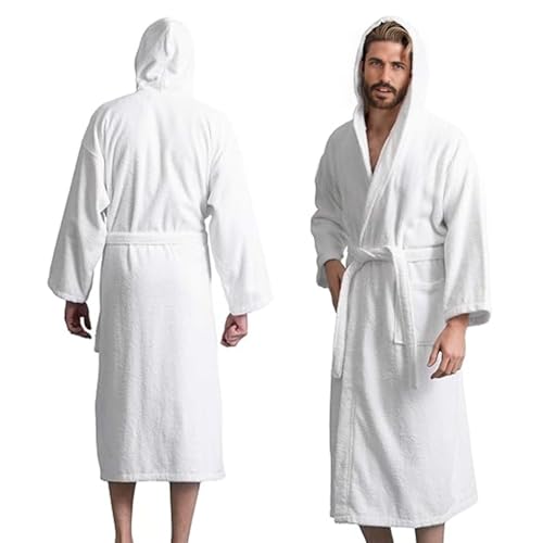 KAHAF COLLECTION Men's Terry Bathrobe with Hood, 100% Cotton Soft Long Towel Robe for Men, Super Absorbent, Quick Dry, Warm & Lightweight Loungewear, Spa, Shower, Gym & Home (L/XL, White)